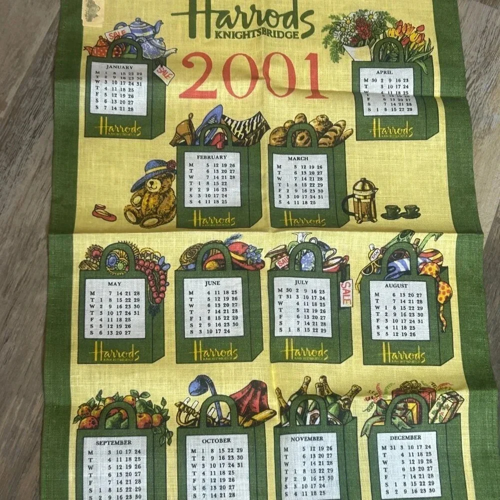 Harrods 100% Linen Calendar Tea Towel 2001 NWT